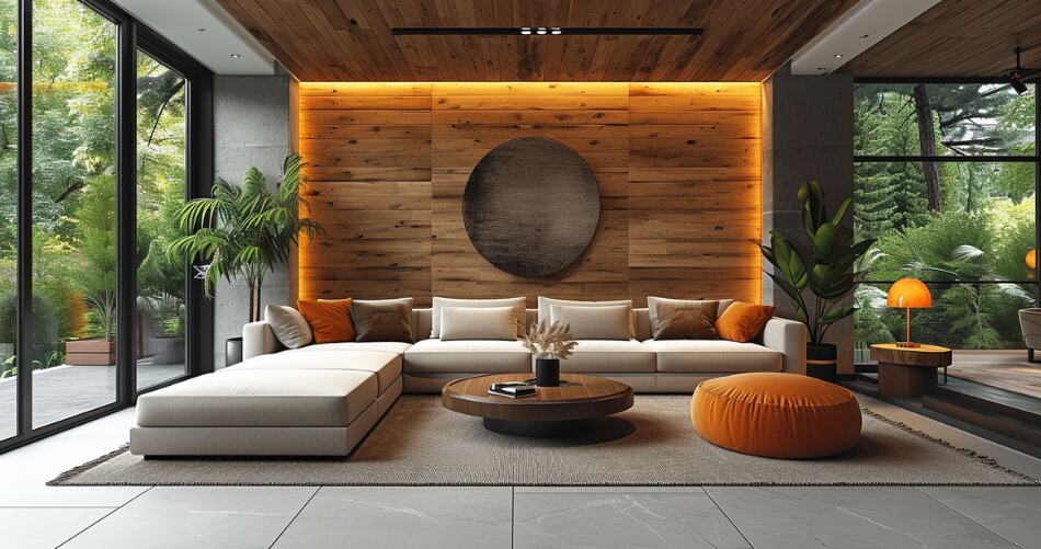 Luxurious modern living room with sectional beige sofa, chic orange accents, and wooden wall panels under a warm LED-lit ceiling. The space features floor-to-ceiling windows with a serene forest view, complemented by indoor plants and a round wooden coffee table, embodying a seamless indoor-outdoor aesthetic