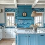 Bright coastal farmhouse kitchen with a striking blue tile backsplash, white shaker cabinets, and a contrasting blue kitchen island with marble countertop. Natural light streams in through large windows, highlighting the farmhouse sink, stainless steel appliances, and rattan pendant lights