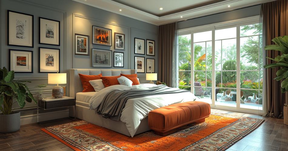 Elegant master bedroom featuring a plush bed with gray and orange bedding, framed artwork on gray walls, and a large window offering a view of lush greenery. The room is enhanced by rich wooden flooring, a vibrant orange area rug, and indoor plants, creating a relaxing and stylish ambiance