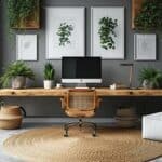 Chic office decor with a natural wood desk, rattan chair, and a desktop computer, surrounded by lush indoor plants. The room features framed botanical art on gray walls, a round jute rug, and floor-to-ceiling windows offering a view of greenery outside