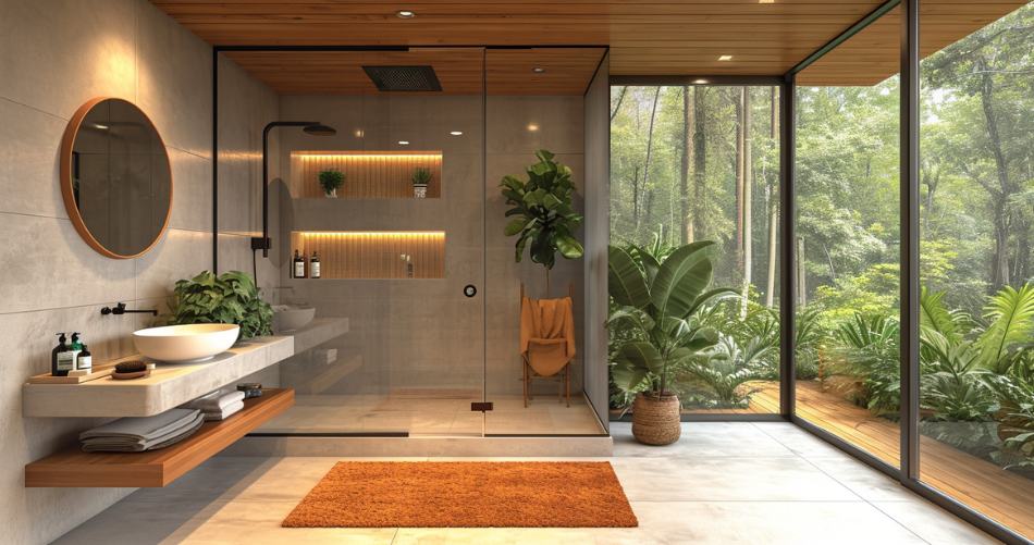 Walk-in shower small bathroom, featuring floor-to-ceiling glass, a sleek white basin on a wooden vanity, and a large round mirror. The space is complemented by lush potted plants, a vibrant orange towel and bath mat, with a backdrop of a serene forest view through the expansive glass window.