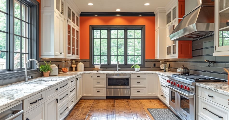 Visualize a kitchen with bold, dramatic marble slabs for backsplashes, colorful mosaic patterns, and textured ceramic tiles in unexpected shapes. The backsplash should be the standout feature, contrasting with more subdued elements in the kitchen