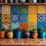 A vibrant array of ceramic tiles in blues, yellows, and oranges, each with unique patterns, creates a captivating backsplash above a terracotta-tiled countertop adorned with a collection of potted cacti and succulents in variously colored pots