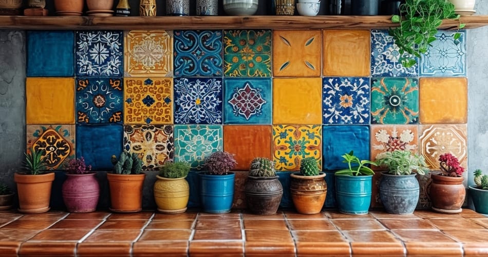 A vibrant array of ceramic tiles in blues, yellows, and oranges, each with unique patterns, creates a captivating backsplash above a terracotta-tiled countertop adorned with a collection of potted cacti and succulents in variously colored pots