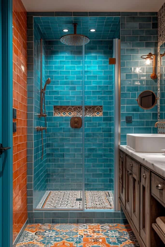 Artistic small bathroom with a walk-in shower featuring colorful ceramic tiles and unique fixtures