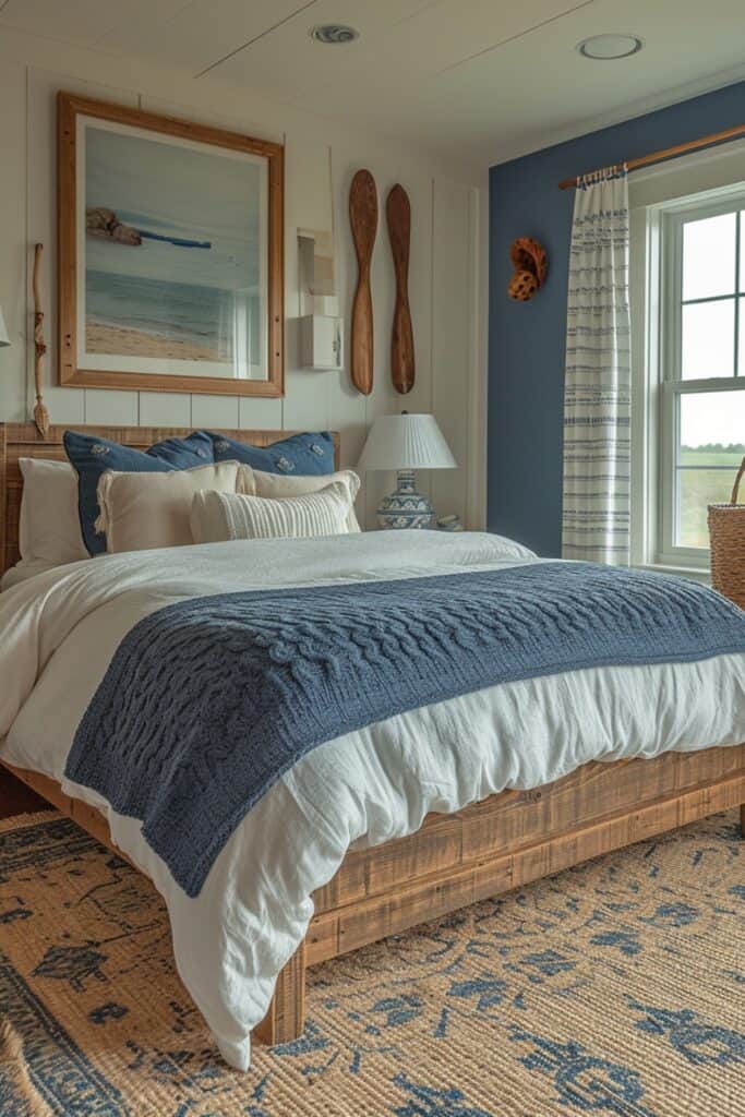 master bedroom with subtle nautical touches. Include crisp navy and white stripe accents, wooden oars mounted decoratively, driftwood table lamps, a blue See Shells by the Seaprint, or a sculptural wave mirror. The room should have shiplap plank walls, painted wainscoting trim, reclaimed barn wood furnishings, slipcovered headboards, antique trunks, botanical bedding prints, and gauzy linen curtains