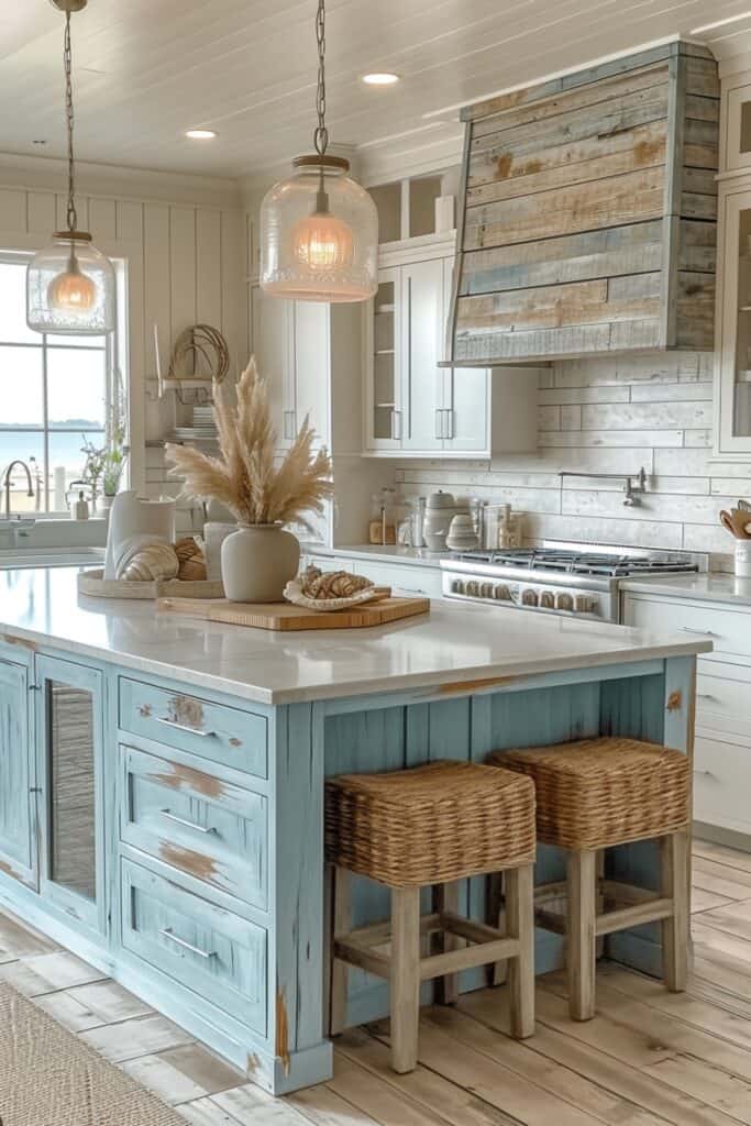 Coastal farmhouse kitchen with a beach-inspired color palette, driftwood island, and aqua blue accents