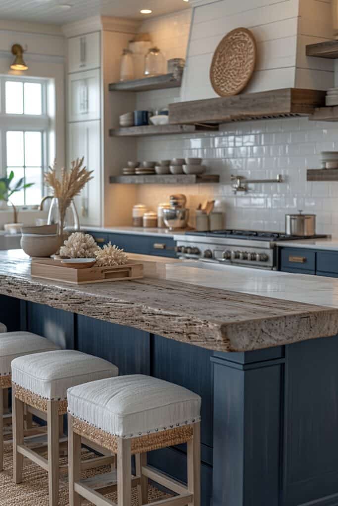 Coastal farmhouse kitchen with beachy barstools, driftwood-inspired island, and navy blue cabinets