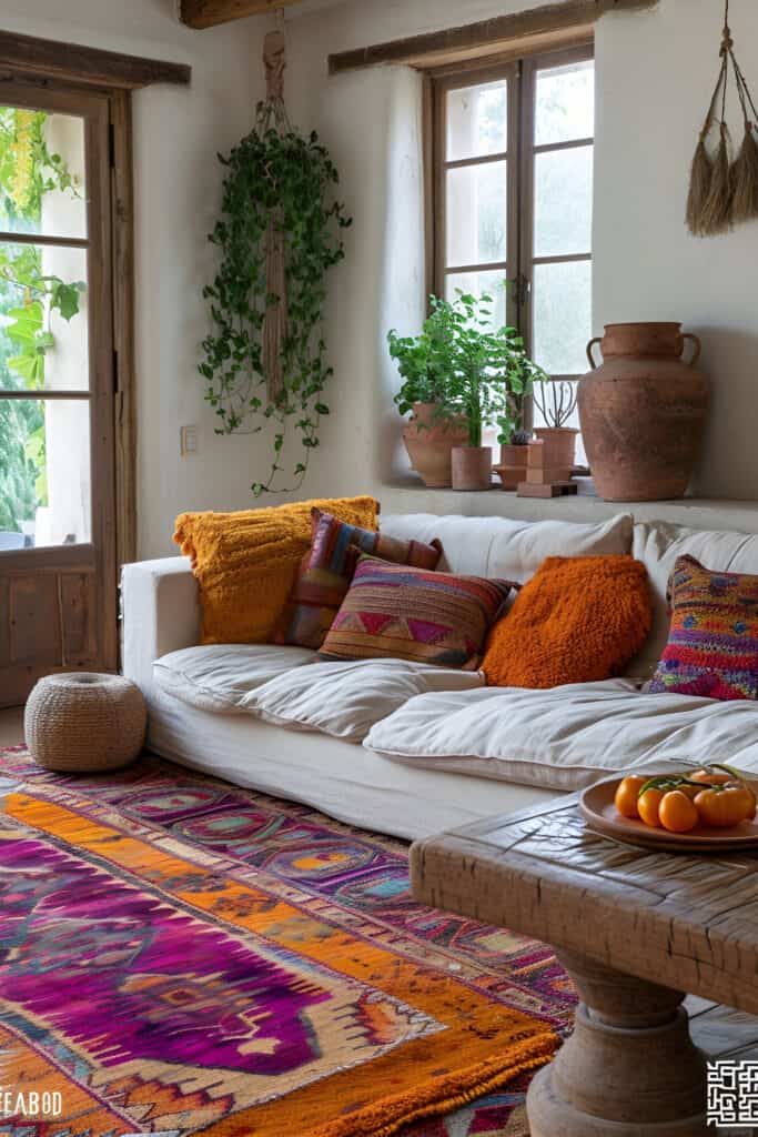 Bohemian style beach house living room with vibrant patterns and eclectic furniture.