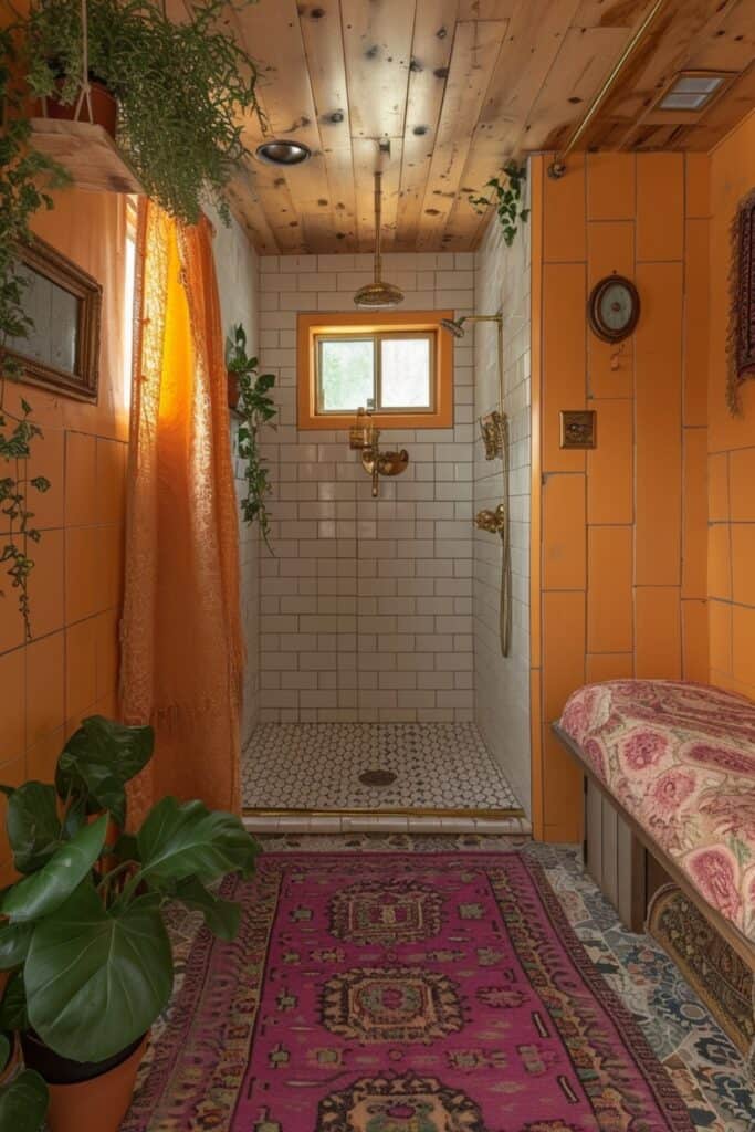 Bohemian chic walk-in shower in a small bathroom with patterned tiles and brass fixtures