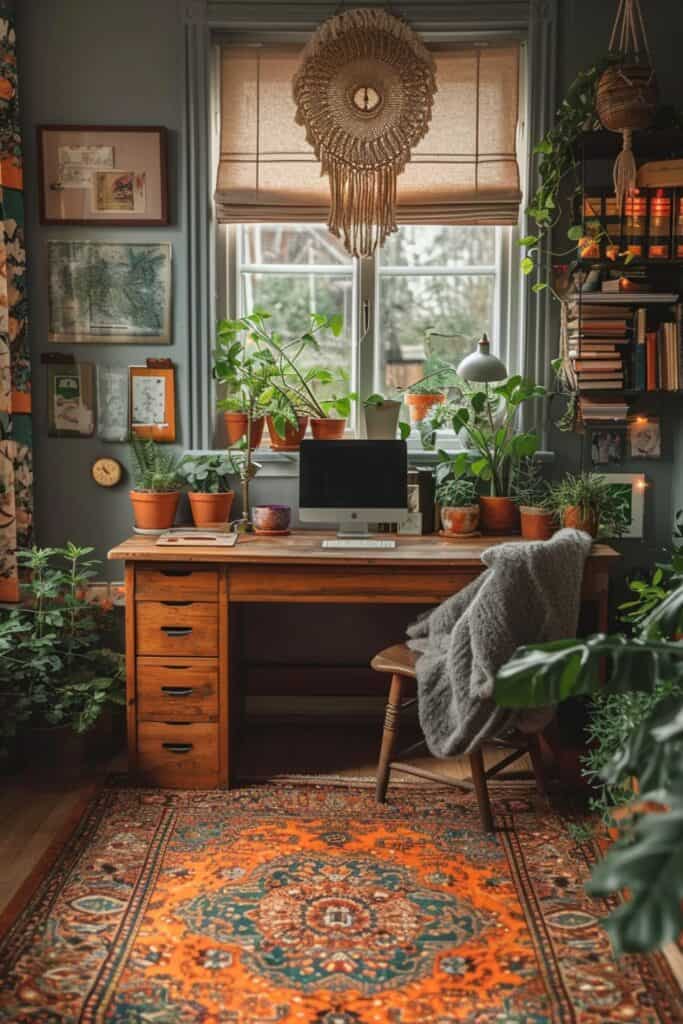 Bohemian home office with a vibrant rug, eclectic wall art, and macrame plant holders around a vintage wooden desk