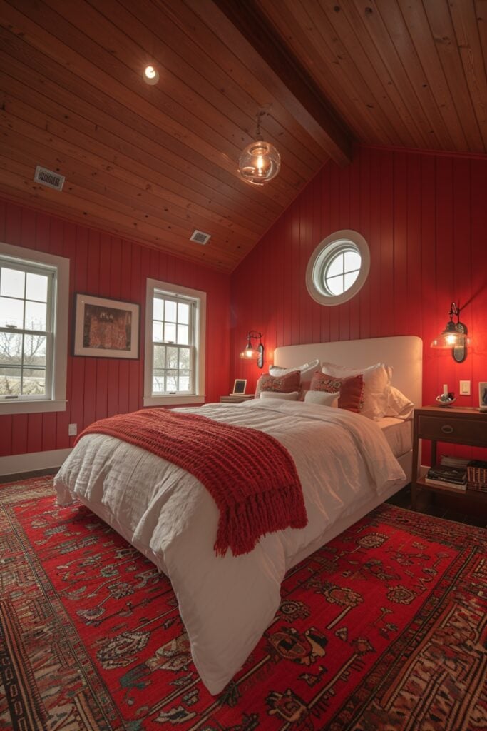 master bedroom with vivid saturated wall colors like crimson red, cobalt blue, and chartreuse green in glossy paint. Include elements like arched windows, peaked dormers, and extra tall ceilings, with plenty of bright light from sources like glass pendant fixtures, mirrored surfaces, and ample windows. Crisp white trim and bed linens should balance the richness of the colors