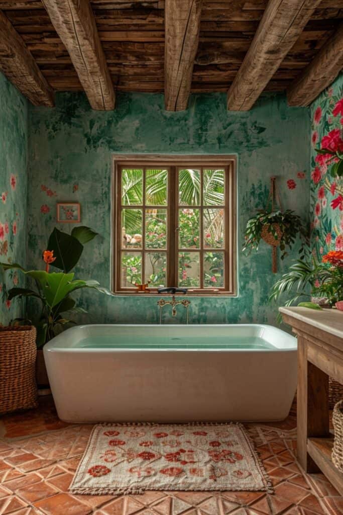 a Botanical Bath where the walls are adorned with vibrant botanical wallpaper, either in a lush jungle theme or delicate floral patterns. The bathroom should also feature natural wood accents and woven baskets, creating a cohesive and refreshing escape that feels like a serene garden. The design should bring the beauty of nature indoors and create a balanced aesthetic of flora and natural materials
