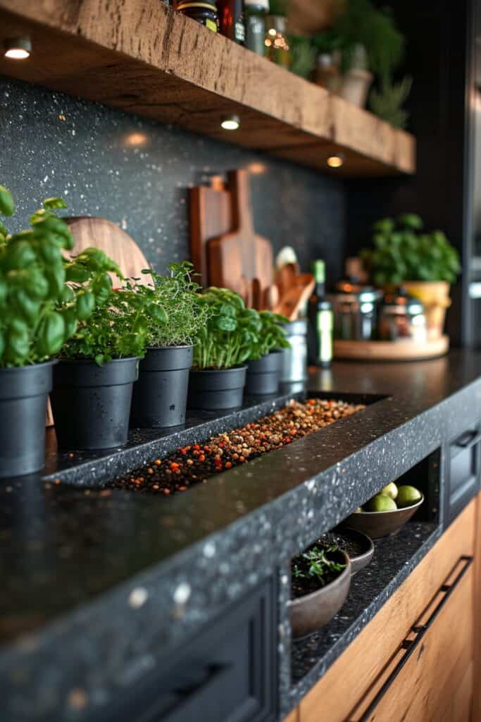 kitchen illustrating Botanical Bliss with Indoor Herb Garden. The image should show a built-in herb garden integrated directly into the black granite countertops. This feature should add a pop of green, freshen the air, and provide easy access to homegrown ingredients. The kitchen should blend style, functionality, and a touch of nature, perfect for culinary enthusiasts