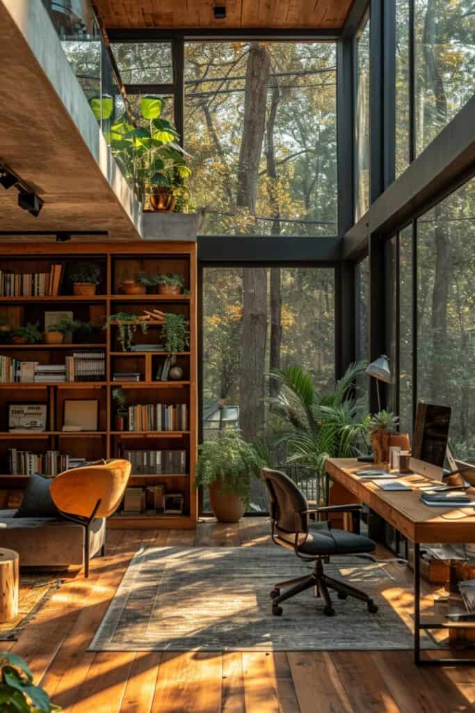 Glasshouse home office with floor-to-ceiling windows, minimalist furniture, and indoor plants