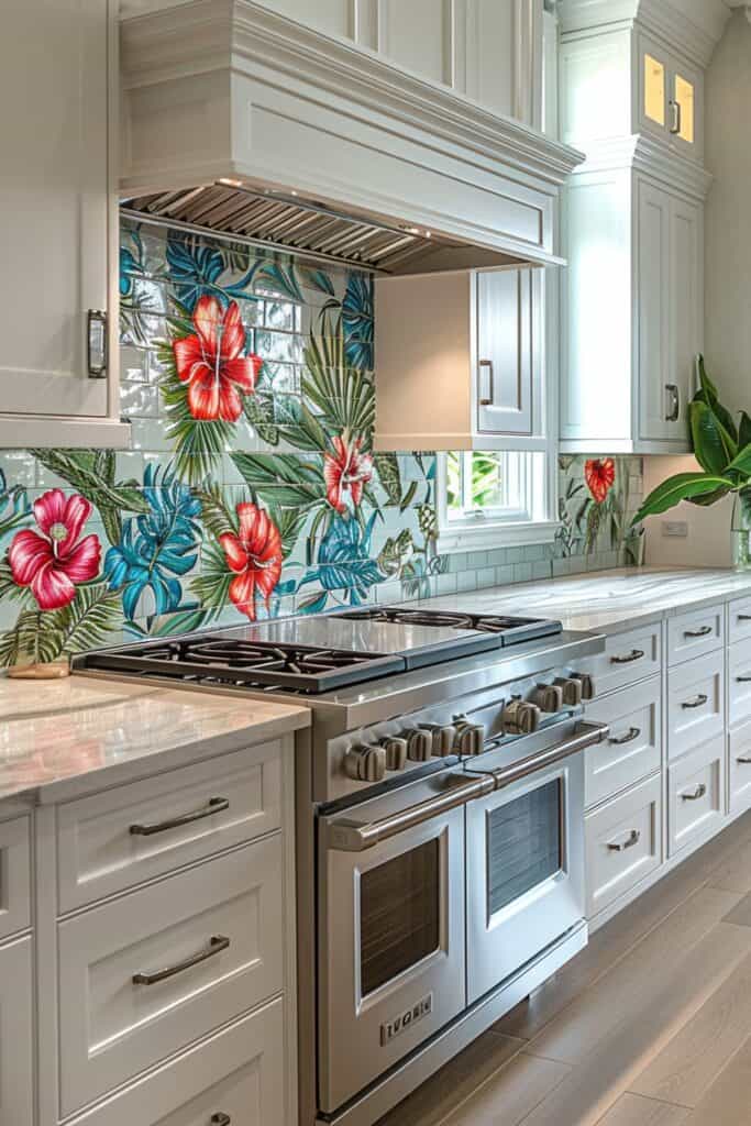 a bright, sunny kitchen with Hawaiian-inspired ceramic tiles, vibrant tropical and floral patterns, lively colors reflecting Hawaii's natural beauty, creating a refreshing and cheerful ambiance, complemented by white cabinetry and natural light