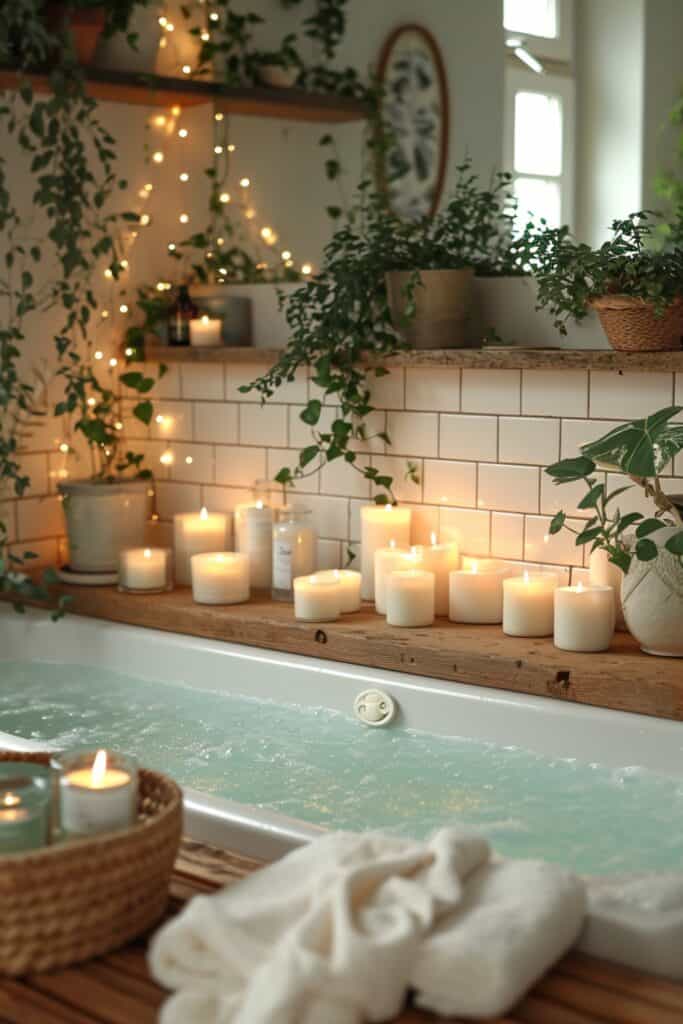 a bathroom with a Candlelit Ambiance. Imagine various candles in different sizes and scents creating a serene atmosphere. Dimmer switches and string lights around the mirror should add to the ambiance, offering a soft, warm glow. The setting should be tranquil and romantic, ideal for relaxing baths, with the candles enhancing the mood and providing a soothing retreat