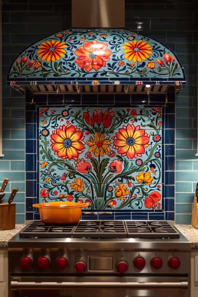 a kitchen with Mexican Talavera tiles, featuring bold colors and folklore patterns, handcrafted designs, vibrant and lively, adding a festive and cultural touch, complemented by rustic elements