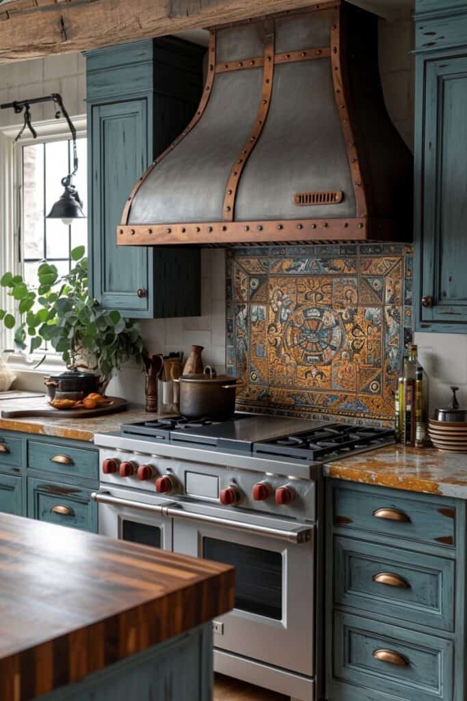 a vibrant kitchen with South African inspired tiles, tribal patterns, bold and dynamic designs, reflecting the country's rich cultural heritage, adding an energetic and artistic feel