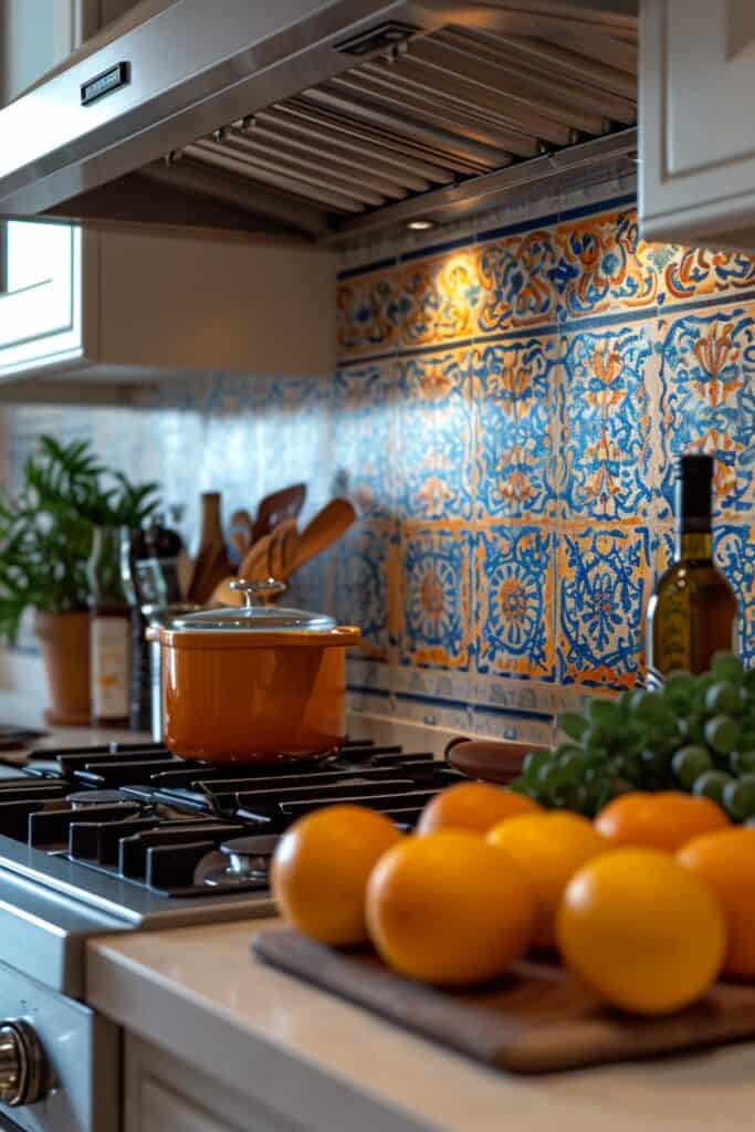 a colorful kitchen with Spanish Andalusian tiles, Moorish influence, vibrant patterns in colors like azure and yellow, intricate arabesque designs, adding a lively and historic charm