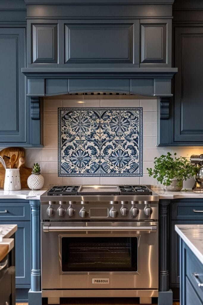 a Mediterranean kitchen with Greek island style ceramic tiles, blue and white themes, simple yet striking patterns, creating a fresh and breezy island atmosphere, complemented by white cabinetry
