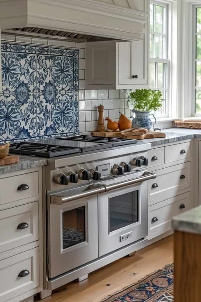 a homely kitchen with Dutch Delft tiles, depicting countryside scenes, classic blue and white color scheme, bringing a quaint and picturesque European charm, paired with simple kitchen furniture