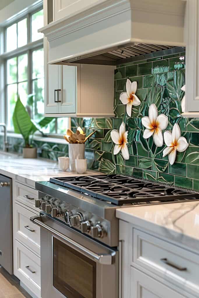 a serene, island-style kitchen with Balinese tiles, tropical motifs, lush colors and patterns, creating a tranquil and exotic atmosphere, harmonizing with wooden accents and green plants