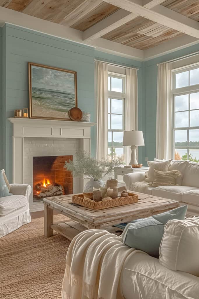 Cozy beach house living room with cottage style, soft pastels, and a fireplace
