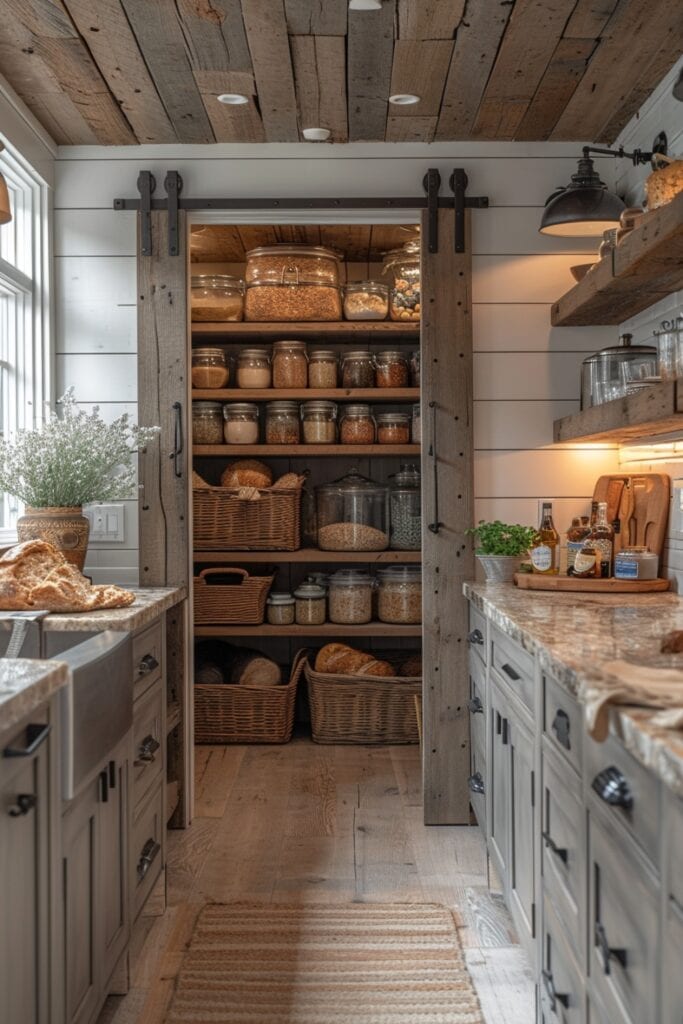 Coastal farmhouse kitchen with a walk-in pantry, wooden shelving, and barn door entry