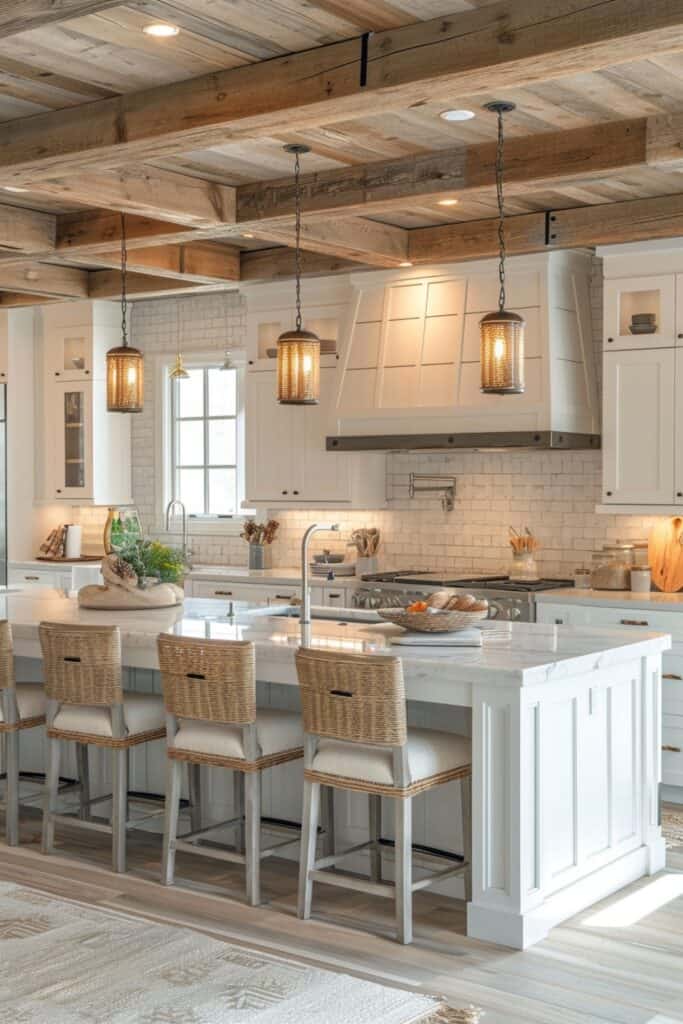 Coastal farmhouse kitchen with statement lighting fixtures, wooden beam ceilings, and modern appliances