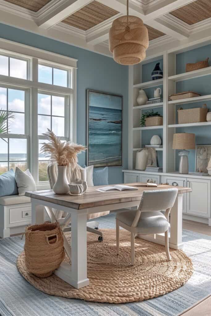 Coastal style home office with light blue walls, white furniture, and ocean-inspired decor