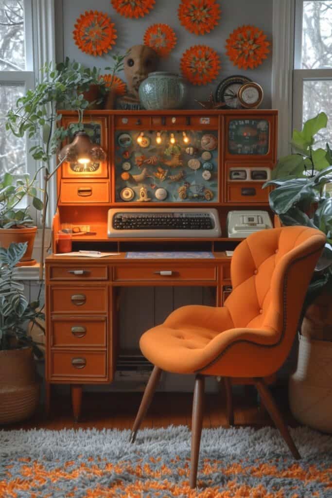 Colorful retro home office with 1970s style decor, a vintage desk, and a shag rug