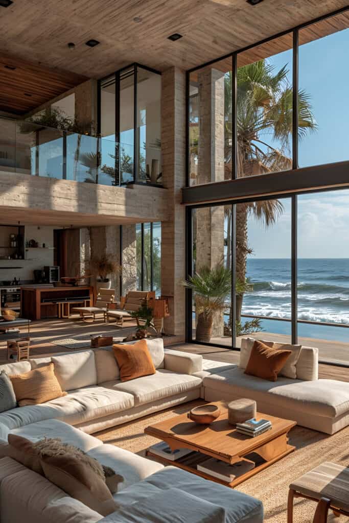 Contemporary luxury beach house living room with modern furniture and sea views.