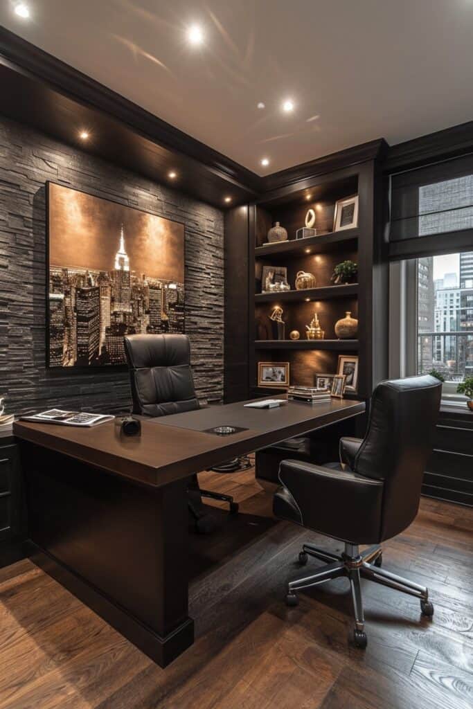 Contemporary urban home office with an L-shaped desk, cityscape art, and black and white decor