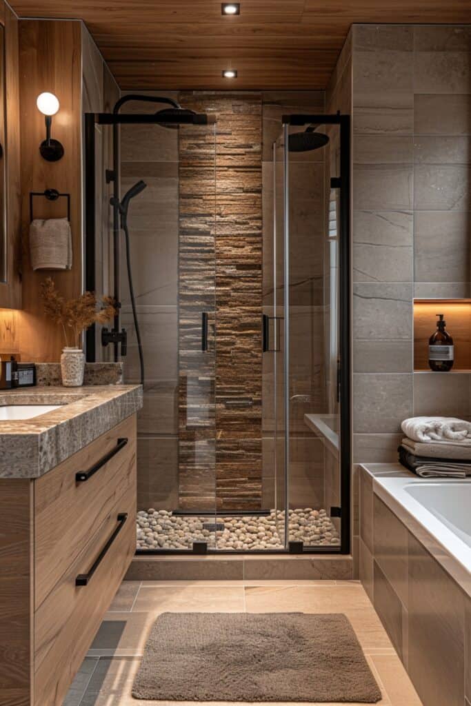 Contemporary small bathroom with a walk-in shower, textured accent wall, and pebble floor