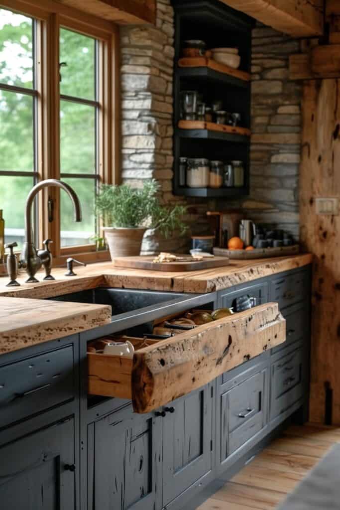 Photo of a kitchen with a Hidden Prep Station, where a butcher block countertop and sink are tucked behind rolling barn doors, or a pull-out prep cabinet is used for messy tasks. The design should maintain a pristine kitchen look, keeping food preparation out of sight and enhancing functionality