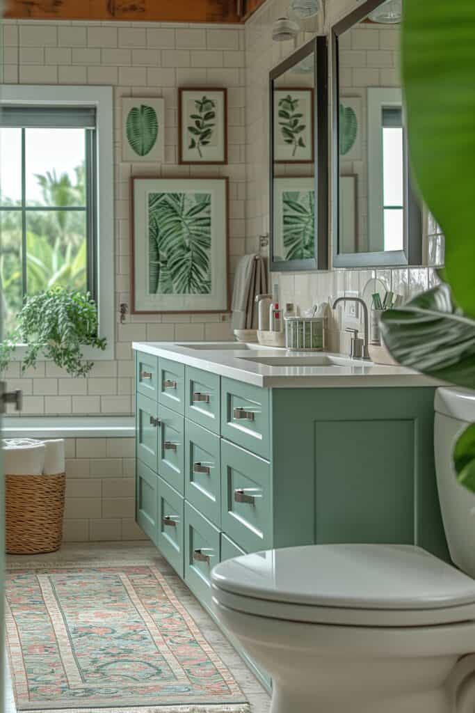 a bathroom decorated with DIY Artwork. The walls should display framed botanical prints, hand-painted canvases, and custom wall art created with stencils and watercolors. The room should reflect personal creativity and artistic talent, offering a unique and budget-friendly approach to bathroom decor. The artwork should add a personalized touch, making the space feel intimate and inspiring