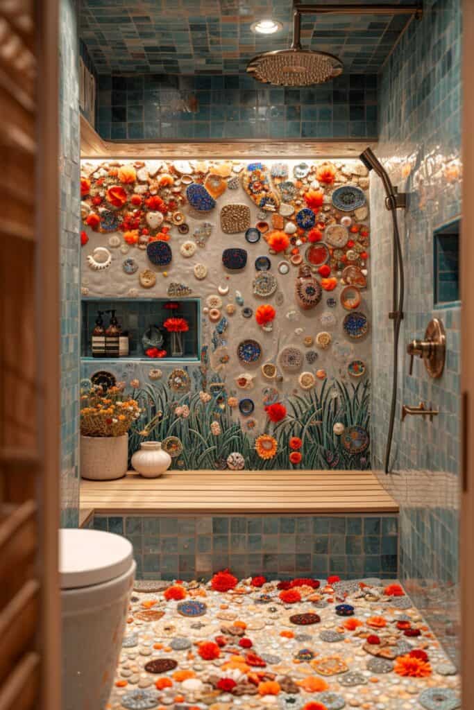 a bathroom featuring a DIY Mosaic Masterpiece, with a personalized mosaic backsplash or shower niche made from colorful tiles, broken pottery, or seashells. The space should reflect artistic creativity, adding a unique, handcrafted element to the bathroom and showcasing personal artwork