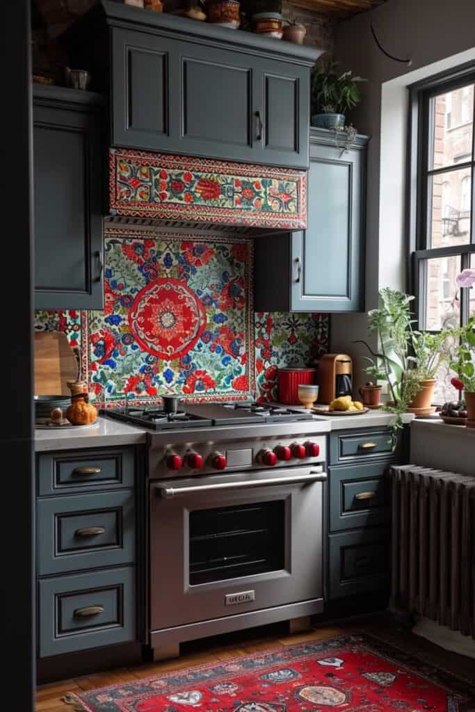 a vibrant kitchen with Turkish Iznik tile design, showcasing floral and nature motifs, bright colors like turquoise and red, intricate hand-painted details, adding a touch of Ottoman artistry