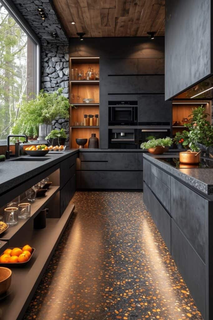 black granite countertops harmoniously paired with terrazzo flooring. The terrazzo can have classic black and white chips or bold color pops for a daring look. The overall design should speak of elegance and groundedness, with a sophisticated blend of modern granite and natural terrazzo elements in a contemporary kitchen environment