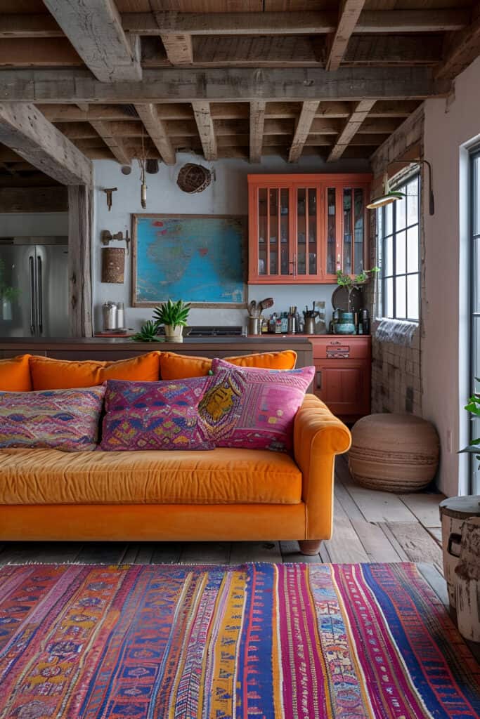 Eclectic beach house living room with a mix of patterns, colors, and unique decor.