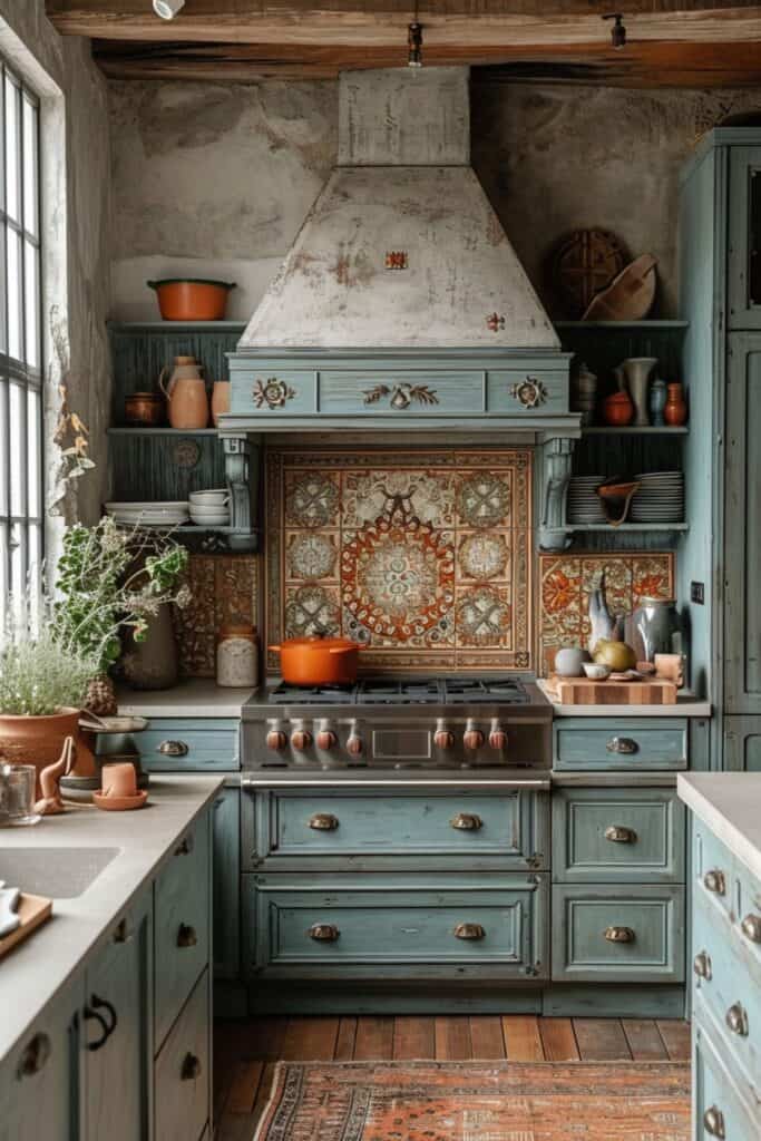 a historic kitchen featuring Armenian ceramic tiles with traditional cross-stone patterns, earthy and rustic colors, reflecting the rich history and cultural heritage of Armenia, paired with antique fixtures and wooden elements