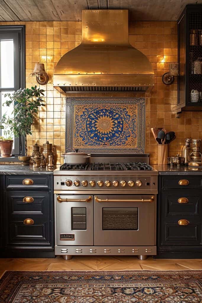 a luxurious kitchen with Persian tiles, elaborate designs and rich colors like deep blues and golds, intricate motifs, adding opulence and a sense of ancient grandeur, complemented by lavish fixtures