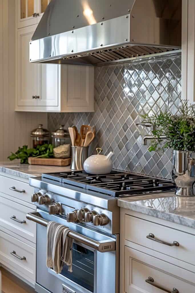 a sleek kitchen featuring Scandinavian style tiles, minimalist and modern designs, clean lines, muted color palettes like whites and greys, reflecting the Nordic design philosophy, paired with functional kitchen elements
