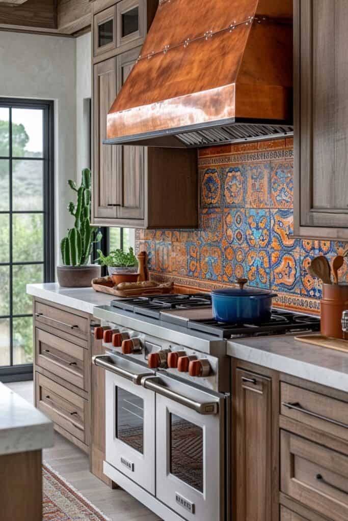 a cozy kitchen with American Southwestern style ceramic tiles, earthy tones like terracotta and sand, native American patterns, creating a warm and inviting atmosphere, complemented by rustic wood cabinets and terracotta floor tiles