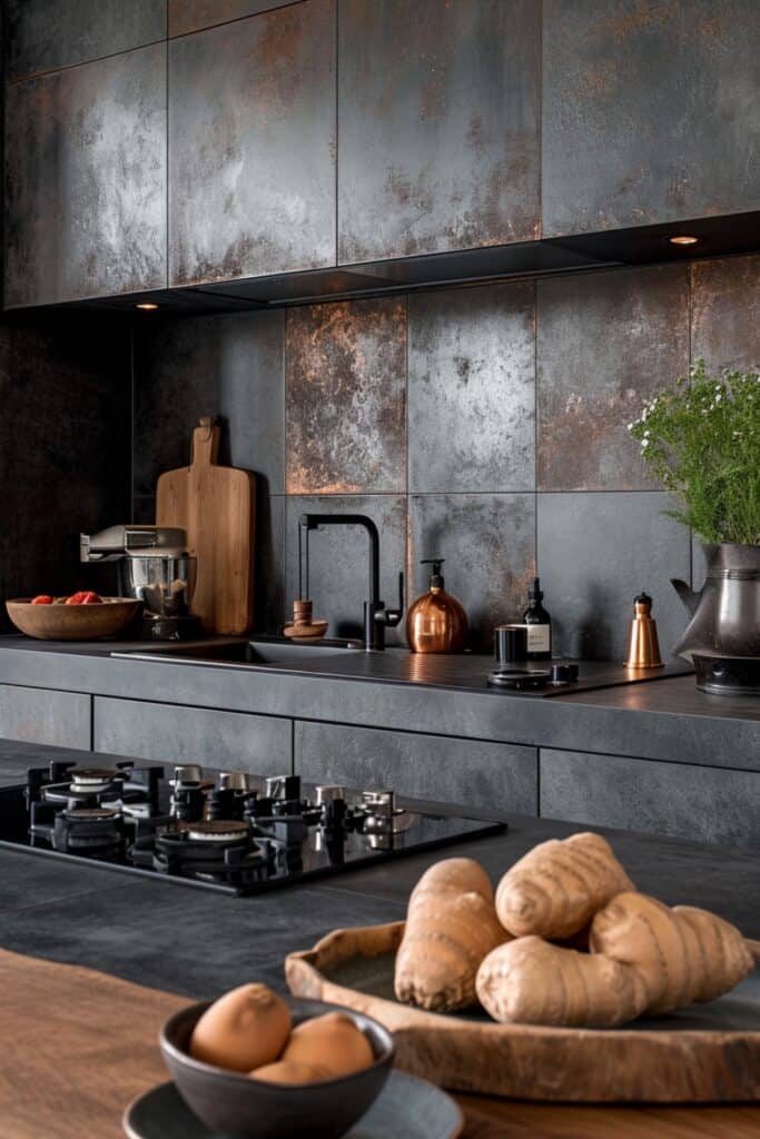 a contemporary kitchen with Icelandic style ceramic tiles, volcanic and ice motifs, a cool color palette with shades of gray and blue, offering a sleek, modern look, complemented by minimalist kitchen appliances and fixtures