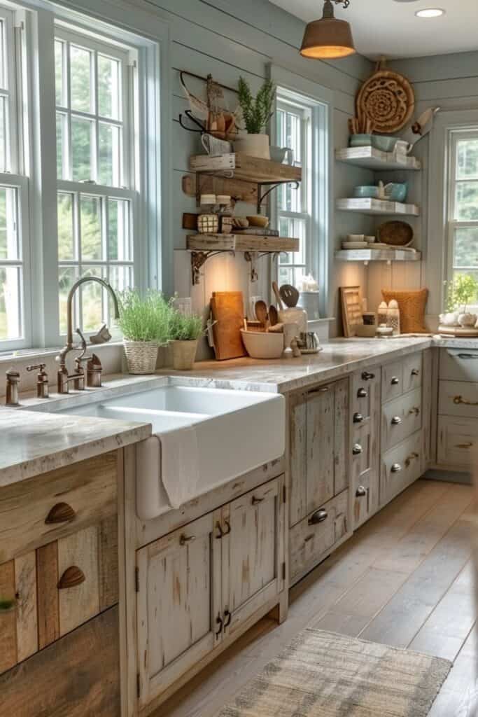 Coastal farmhouse kitchen featuring a large apron-front farmhouse sink, distressed wood cabinets, and shell-themed knobs