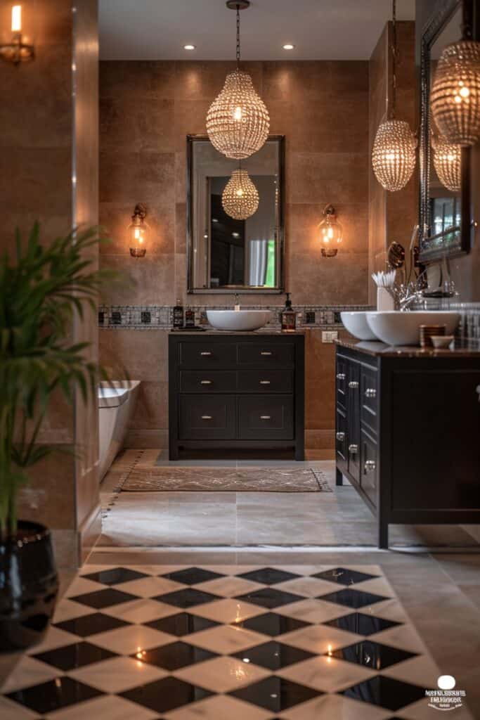 a Glamorous Getaway with Art Deco accents, geometric mirrors, metallic fixtures, and black and white checkered floors. The design should evoke vintage Hollywood glamour, offering a sophisticated experience reminiscent of classic movie stars, with luxurious geometric shapes and metallic accents