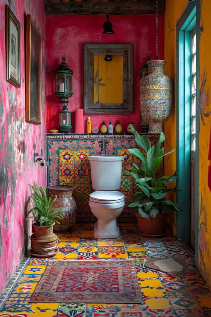 a bathroom representing Global Fusion, mixing Moroccan lanterns, Indian tapestries, African baskets, and Mexican Talavera tiles. The space should be vibrant, colorful, and culturally rich, telling a story of diverse traditions and creating an eclectic and personalized bathroom environment with a burst of color and energy