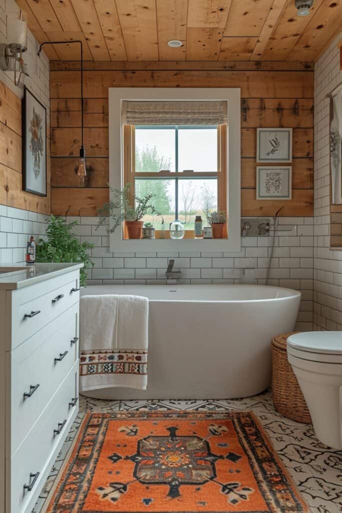 a bathroom infused with Hidden Messages, featuring inspirational quotes written on the mirror with washable markers, a family crest for towels, and funny messages hidden behind accessories. The space should be quirky, personalized, and fun, encouraging creative expression and adding humor to the bathroom